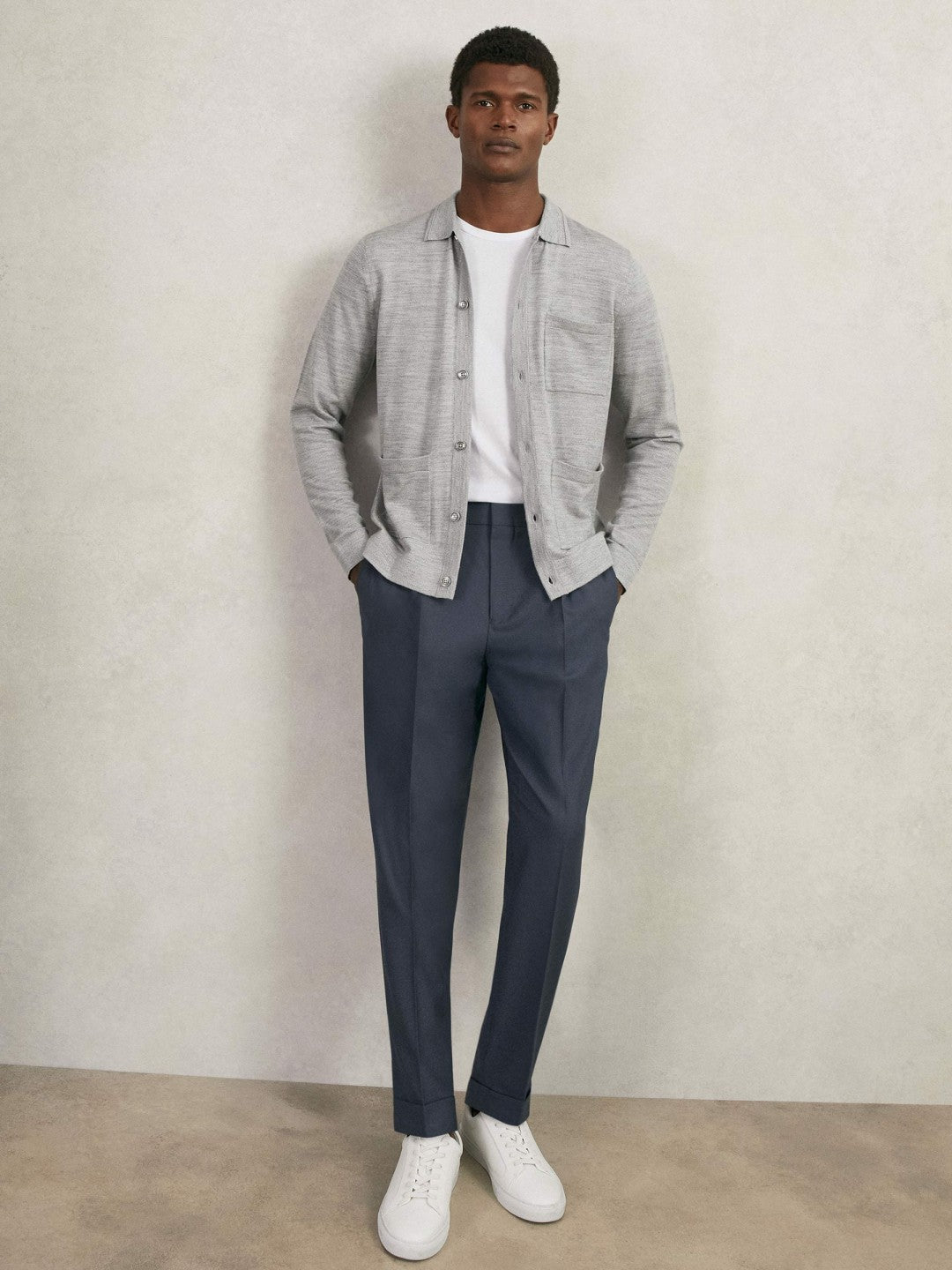 Reiss Merino Wool Button-Through Shirt in Soft Grey Mouline