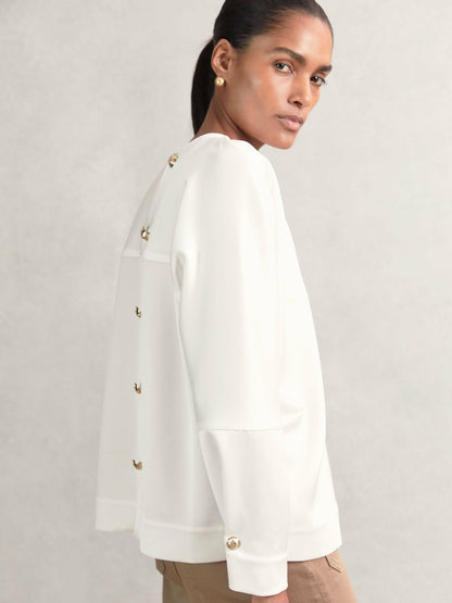 Reiss Satin Button-Back Long-Sleeve Top in Ivory