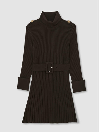 Reiss 9-13 yrs Rib-Knit Roll-Neck Belted Dress in Chocolate
