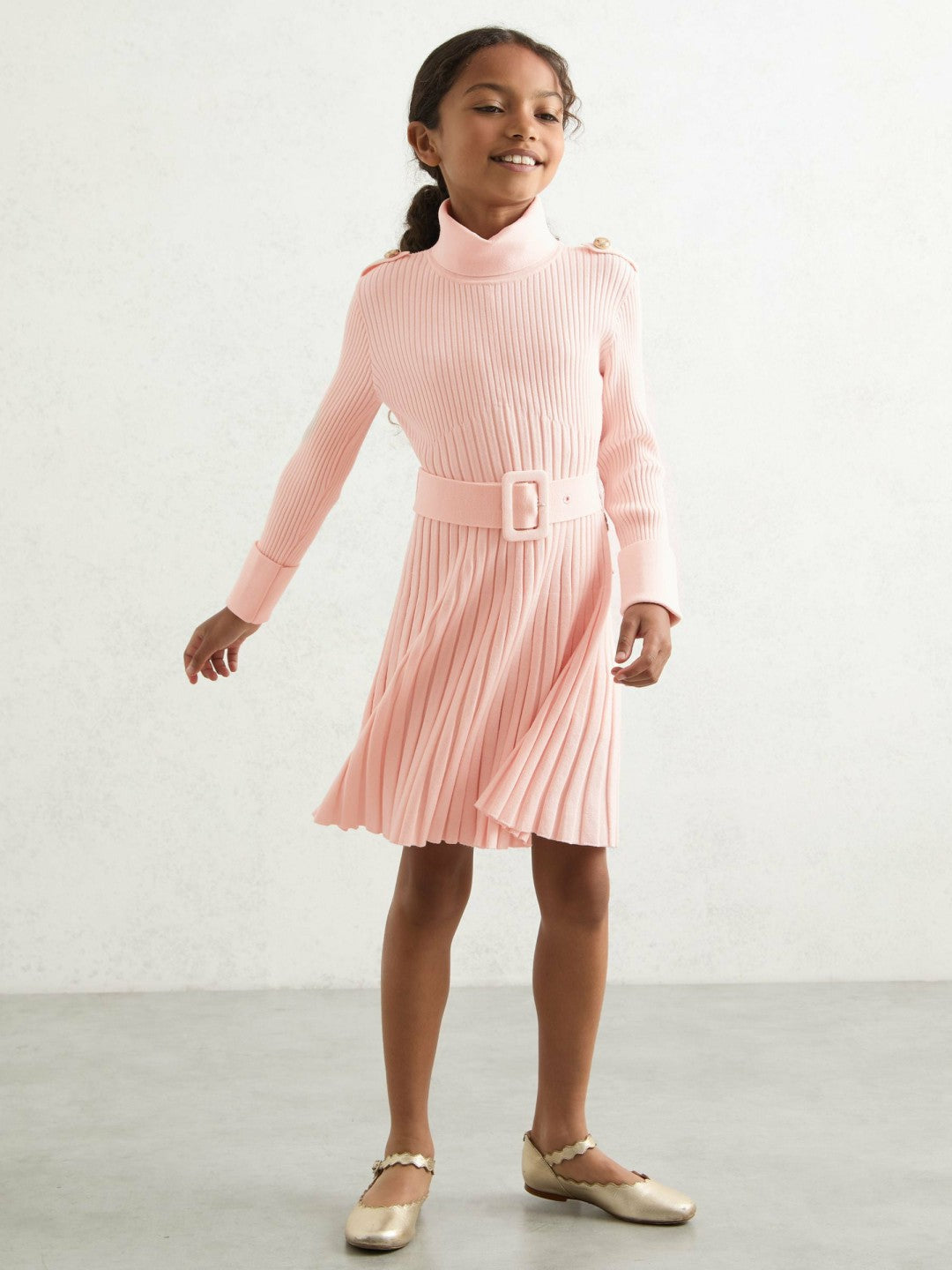 Reiss 9-13 yrs Rib-Knit Roll-Neck Belted Dress in Pink