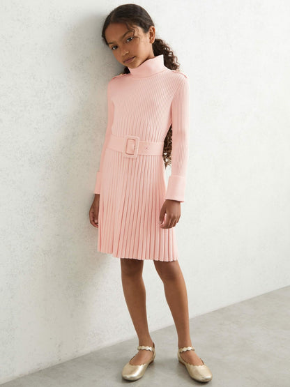 Reiss 9-13 yrs Rib-Knit Roll-Neck Belted Dress in Pink