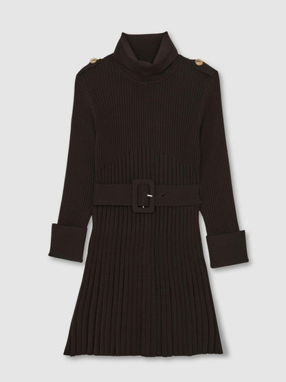 Reiss 13-14 yrs Rib-Knit Roll-Neck Belted Dress in Chocolate