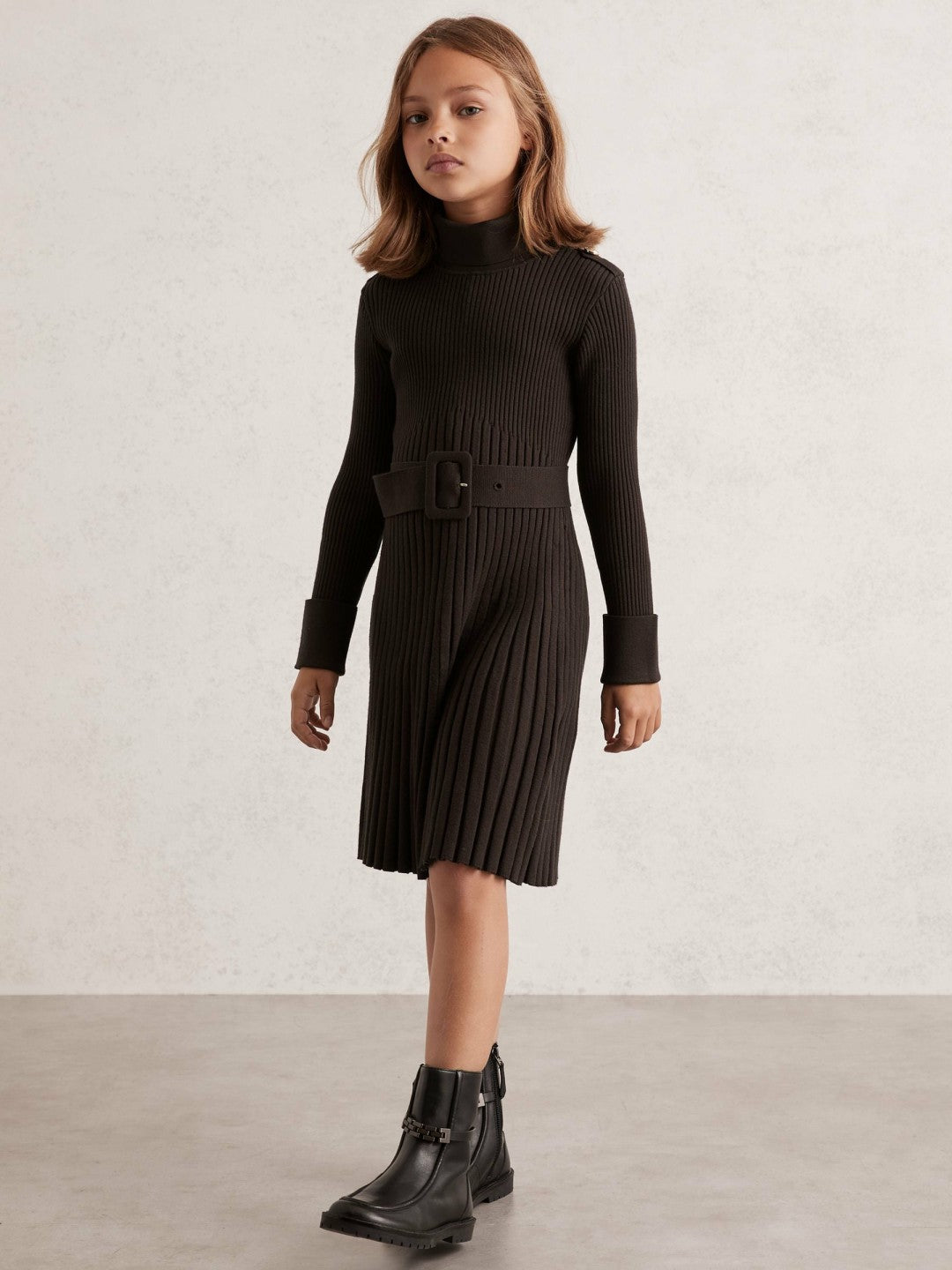 Reiss 13-14 yrs Rib-Knit Roll-Neck Belted Dress in Chocolate