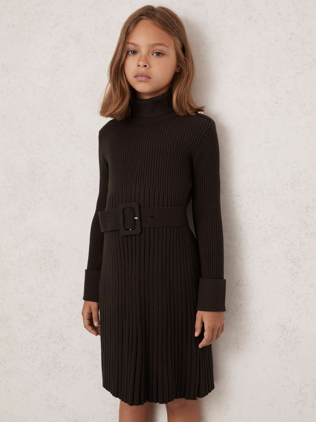 Reiss 13-14 yrs Rib-Knit Roll-Neck Belted Dress in Chocolate