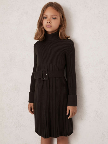 Reiss 13-14 yrs Rib-Knit Roll-Neck Belted Dress in Chocolate