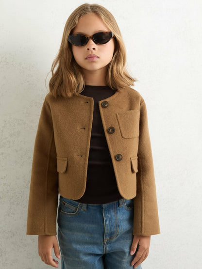 Reiss 9-13 yrs Wool-Blend Cropped Collarless Jacket in Camel