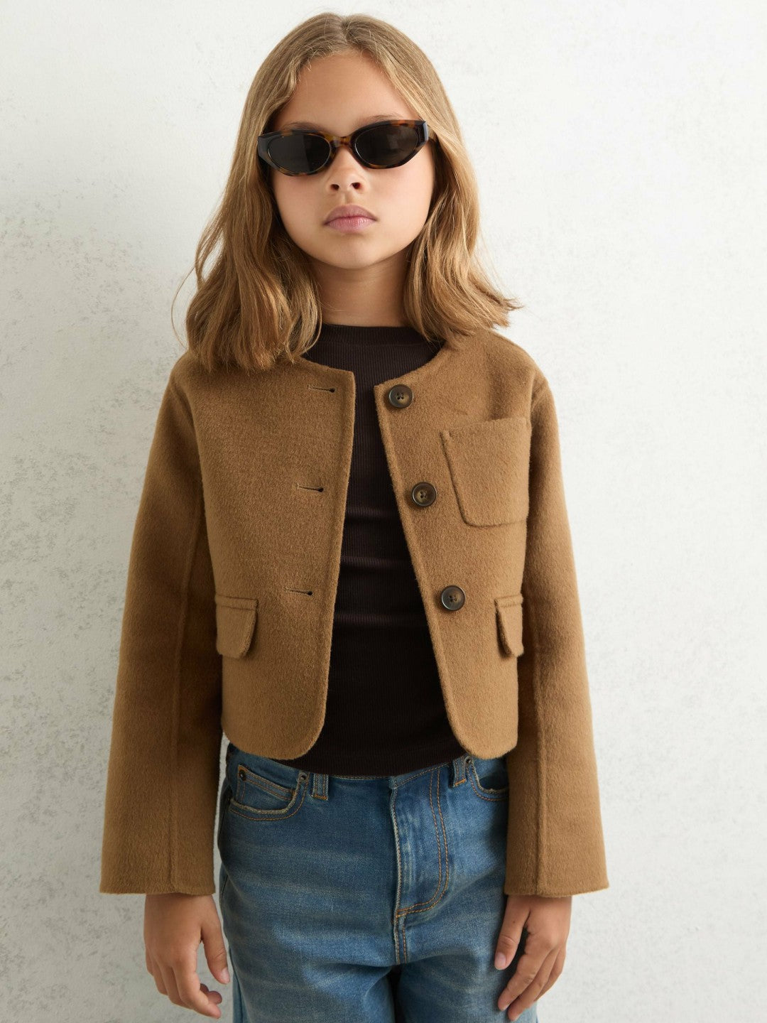 Reiss 3-9 yrs Wool-Blend Cropped Collarless Jacket in Camel