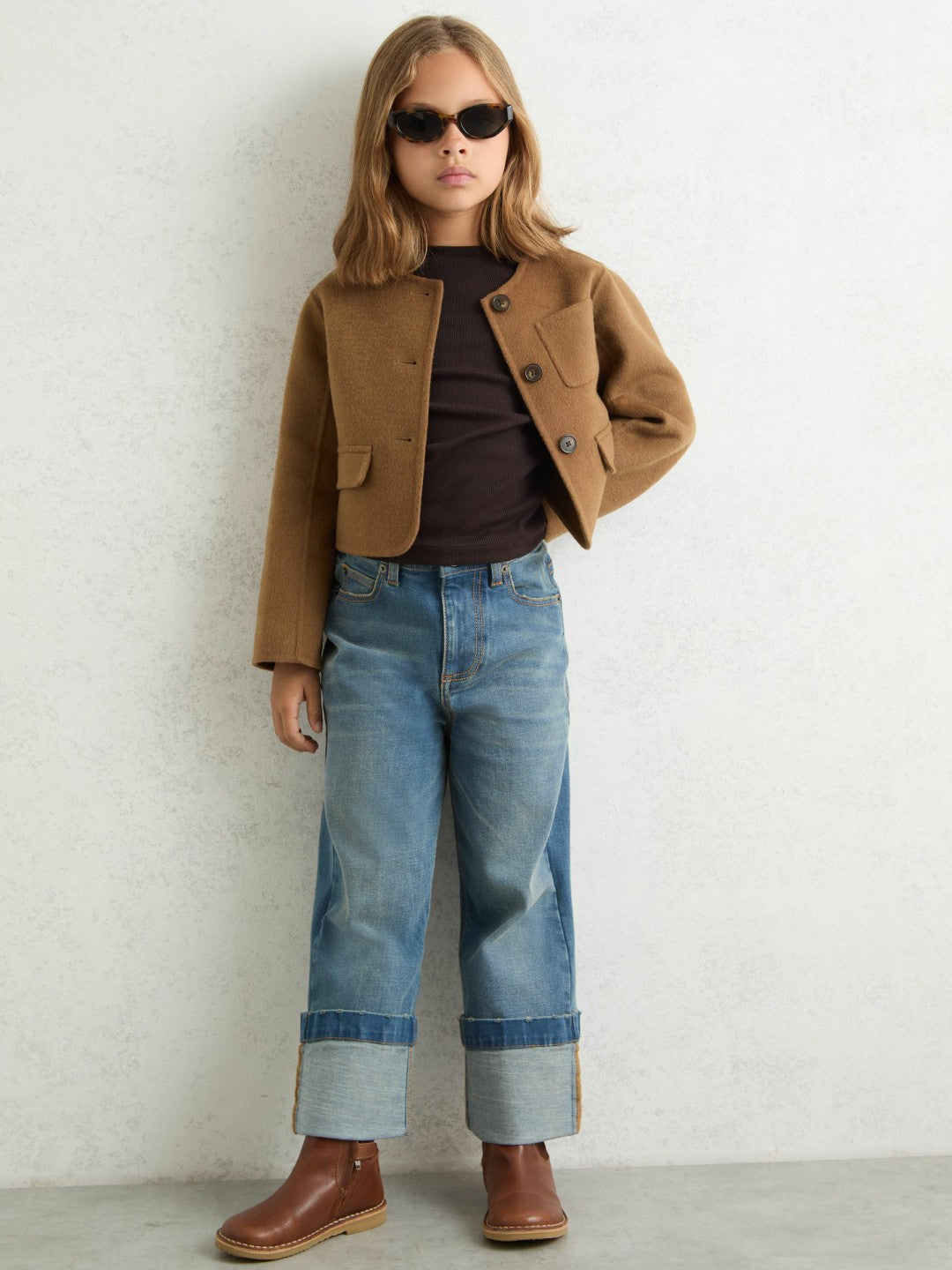 Reiss 3-9 yrs Wool-Blend Cropped Collarless Jacket in Camel