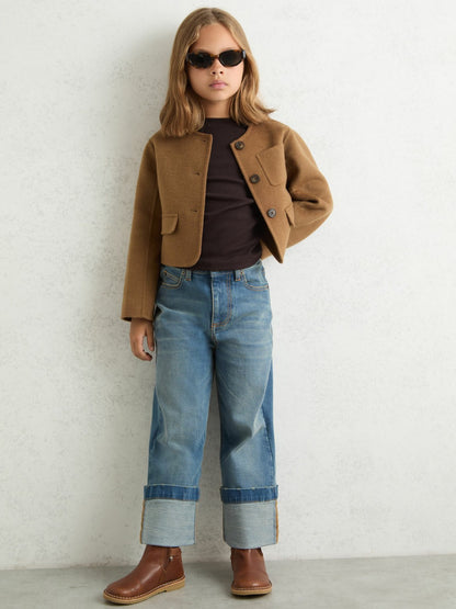 Reiss 3-9 yrs Wool-Blend Cropped Collarless Jacket in Camel