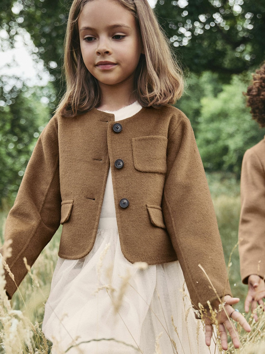 Reiss 3-9 yrs Wool-Blend Cropped Collarless Jacket in Camel