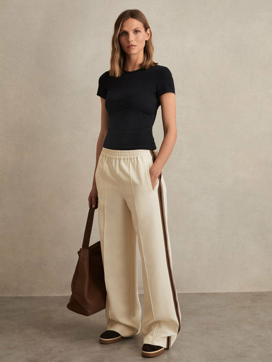 Reiss Side-Stripe Wide-Leg Trousers in Cream
