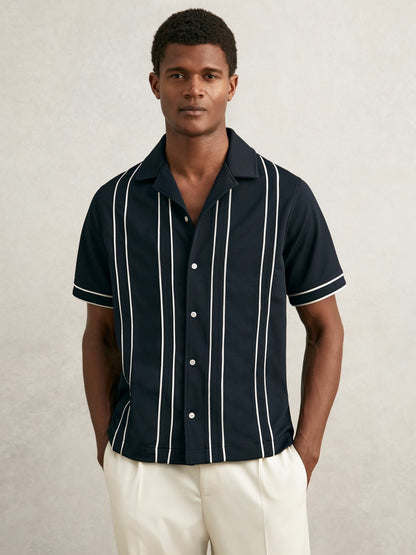 Reiss Piped-Stripe Cuban-Collar Shirt in Navy/White
