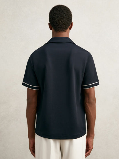 Reiss Piped-Stripe Cuban-Collar Shirt in Navy/White