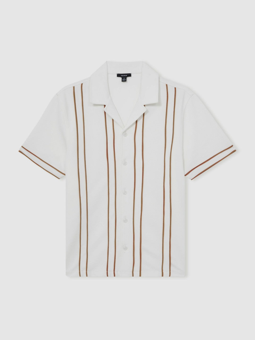Reiss Piped-Stripe Cuban-Collar Shirt in White/Camel