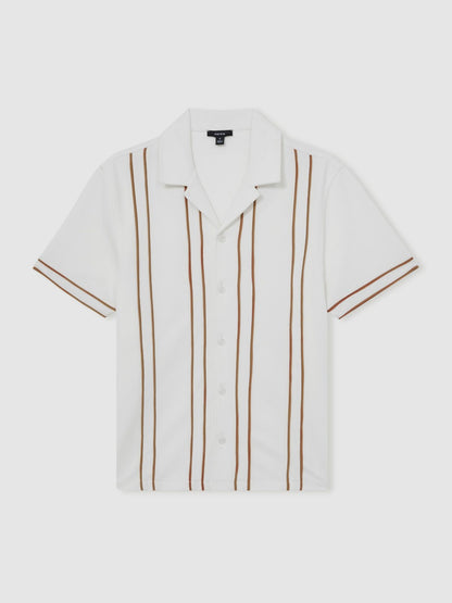 Reiss Piped-Stripe Cuban-Collar Shirt in White/Camel