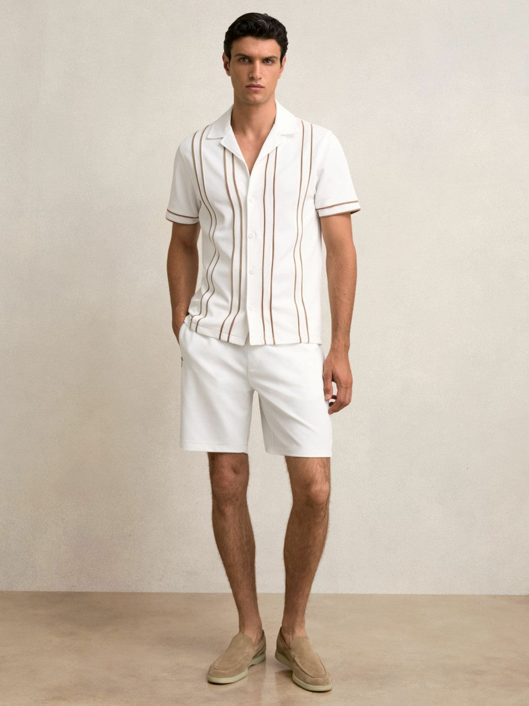Reiss Piped-Stripe Cuban-Collar Shirt in White/Camel