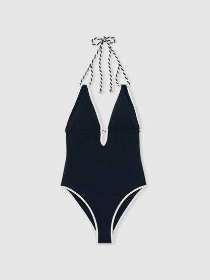 Reiss Contrast-Trim Plunge-Neck Swimsuit in Navy/White