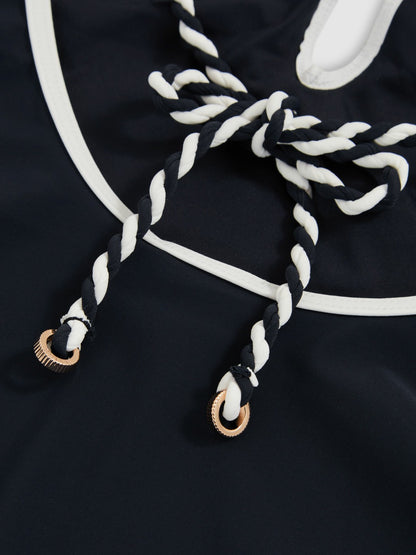 Reiss Contrast-Trim Plunge-Neck Swimsuit in Navy/White