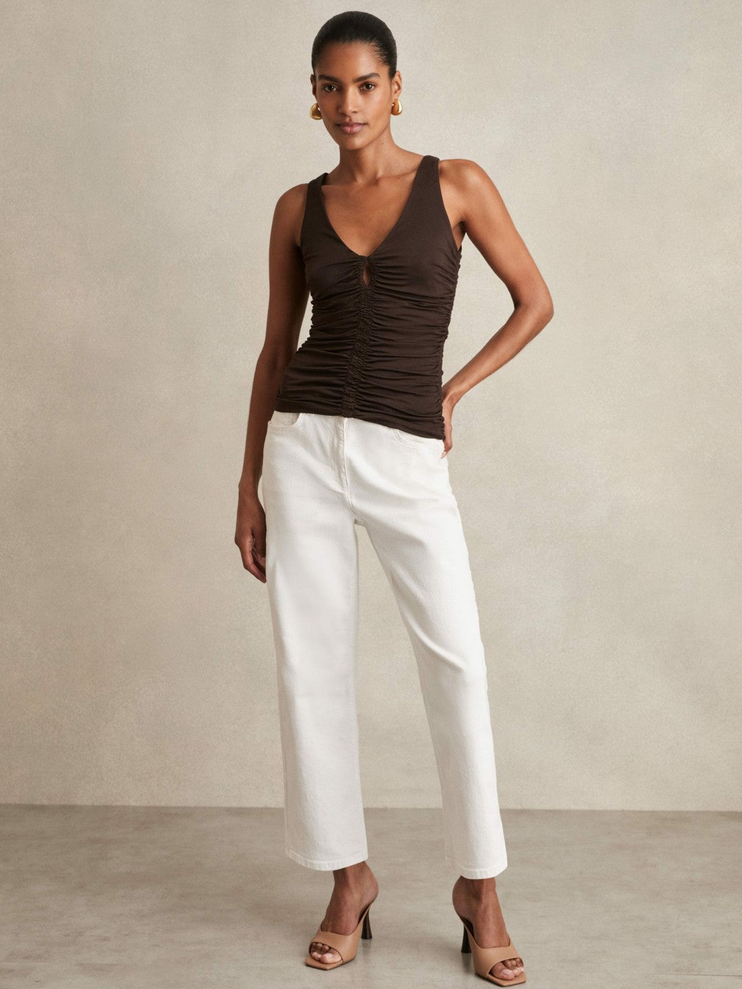 Reiss Stretch Lyocell Jersey Ruched Vest in Chocolate Brown