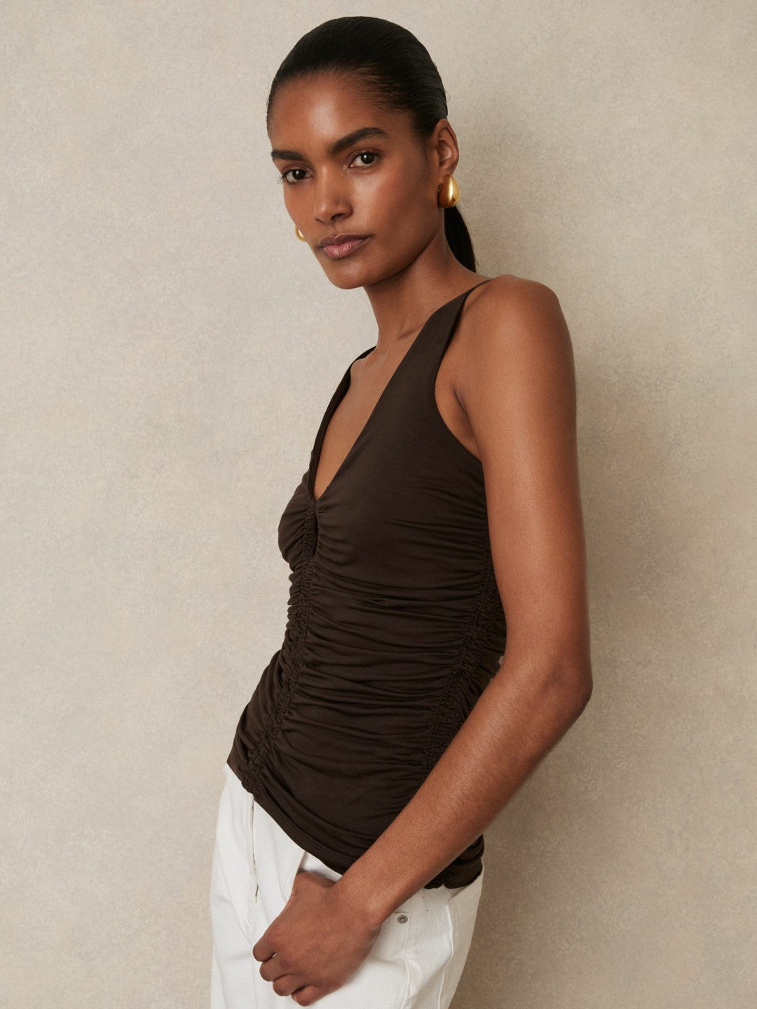 Reiss Stretch Lyocell Jersey Ruched Vest in Chocolate Brown