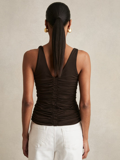 Reiss Stretch Lyocell Jersey Ruched Vest in Chocolate Brown