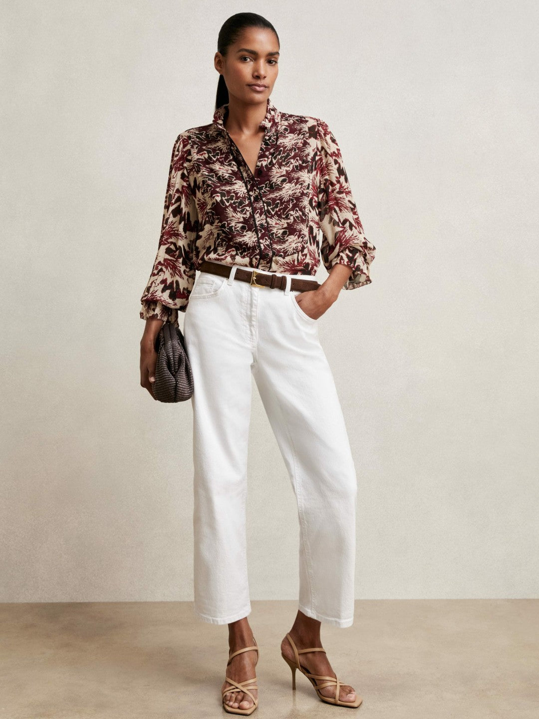 Reiss Abstract-Print Ruffle-Neck Shirt in Burgundy/Cream