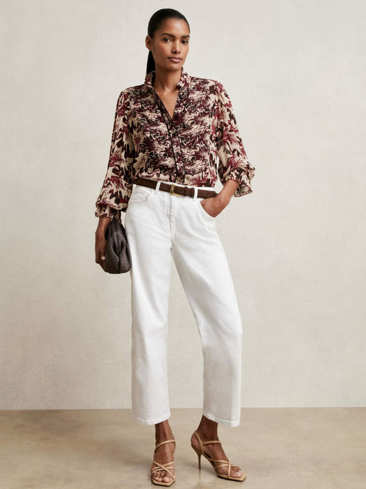 Reiss Abstract-Print Ruffle-Neck Shirt in Burgundy/Cream