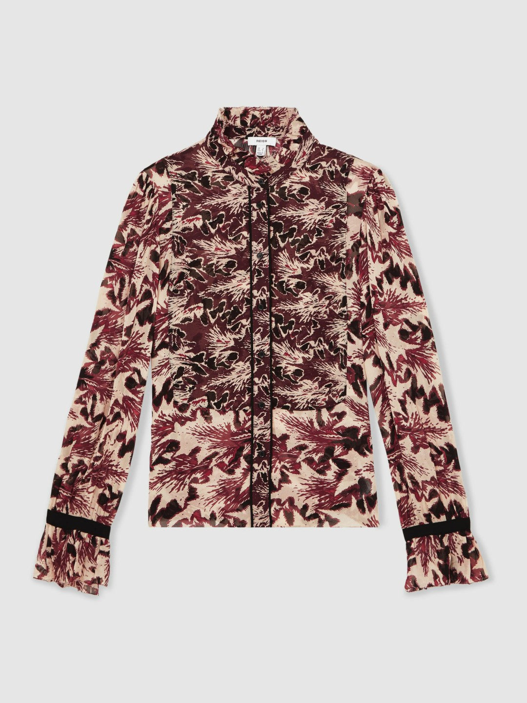 Reiss Abstract-Print Ruffle-Neck Shirt in Burgundy/Cream