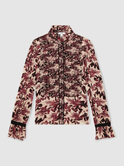 Reiss Abstract-Print Ruffle-Neck Shirt in Burgundy/Cream
