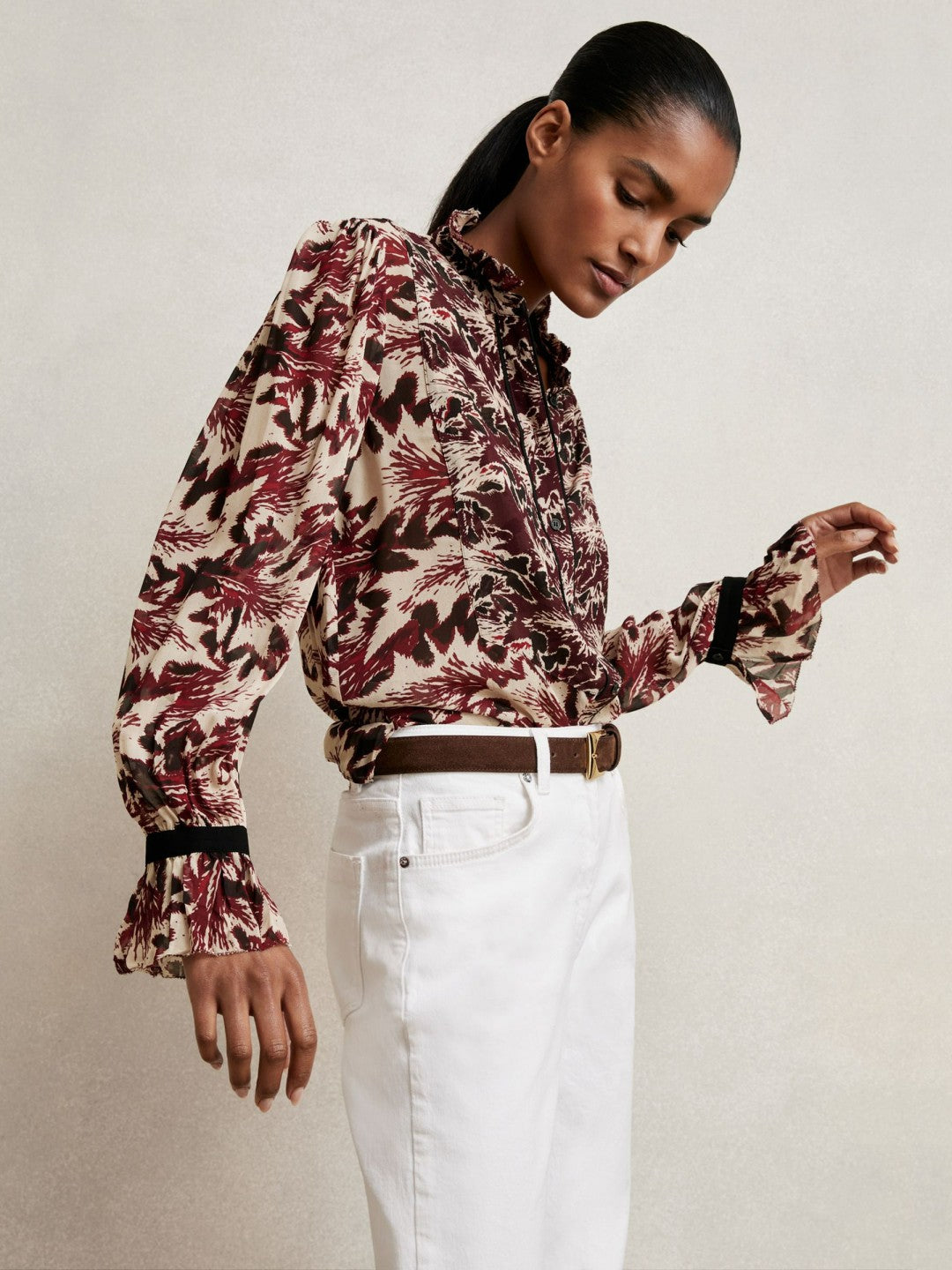 Reiss Abstract-Print Ruffle-Neck Shirt in Burgundy/Cream