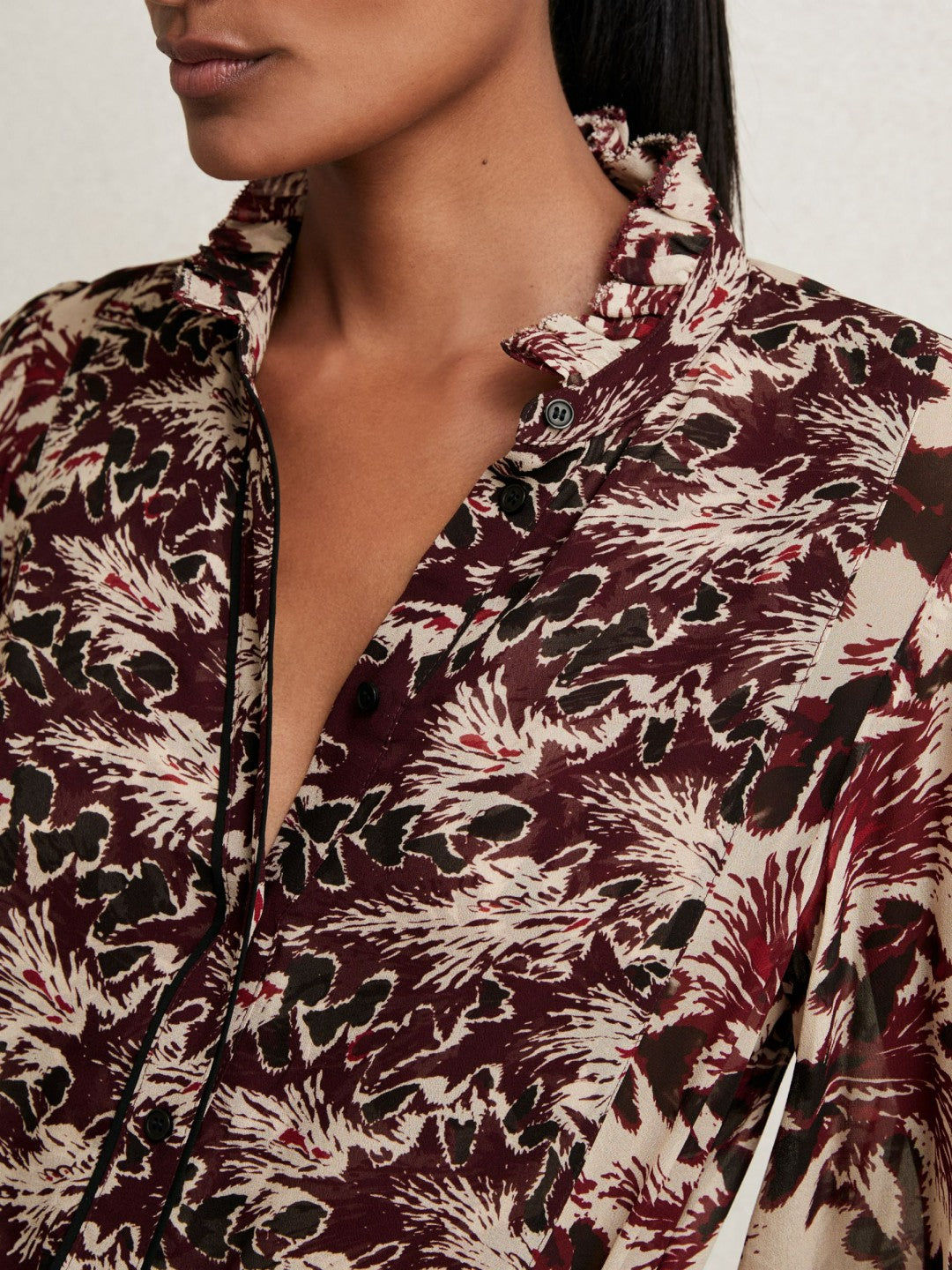 Reiss Abstract-Print Ruffle-Neck Shirt in Burgundy/Cream