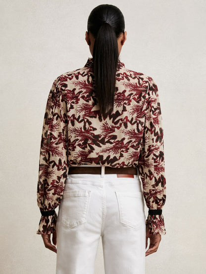 Reiss Abstract-Print Ruffle-Neck Shirt in Burgundy/Cream
