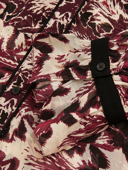 Reiss Abstract-Print Ruffle-Neck Shirt in Burgundy/Cream