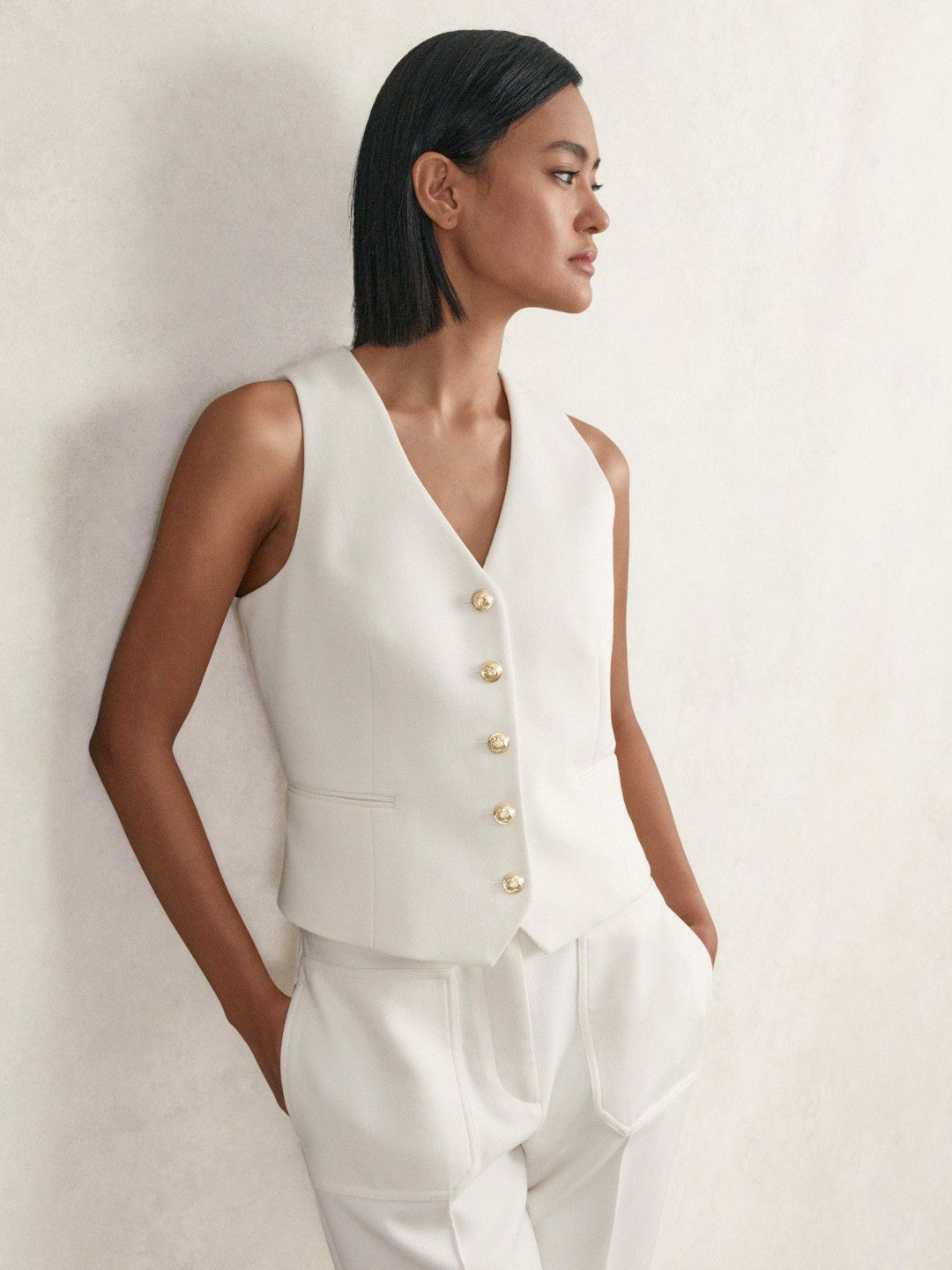 Reiss Single-Breasted Twill Waistcoat With Wool in White