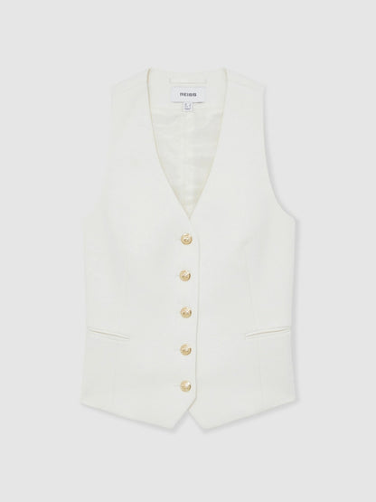 Reiss Single-Breasted Twill Waistcoat With Wool in White