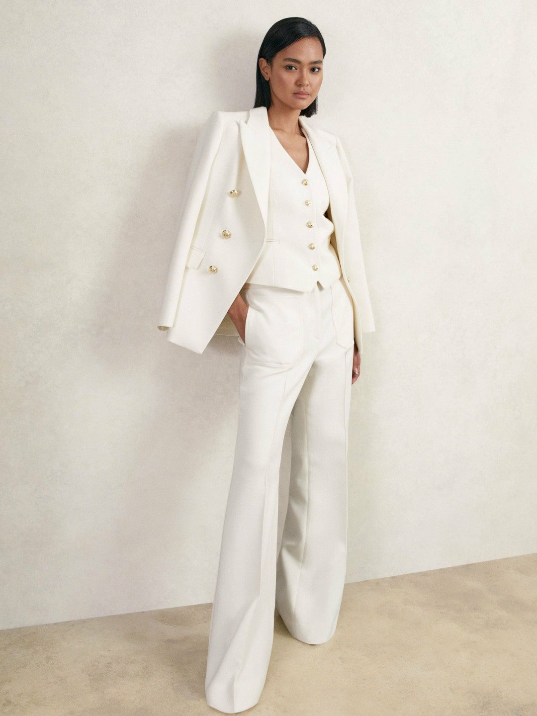 Reiss Single-Breasted Twill Waistcoat With Wool in White