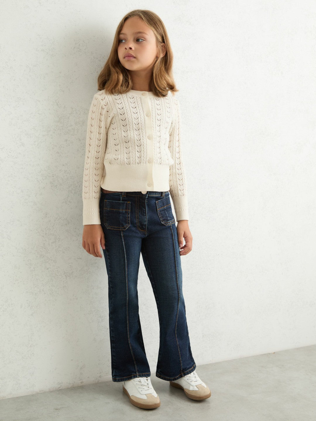 Reiss Wool-Cotton Pointelle Cardigan in Ivory