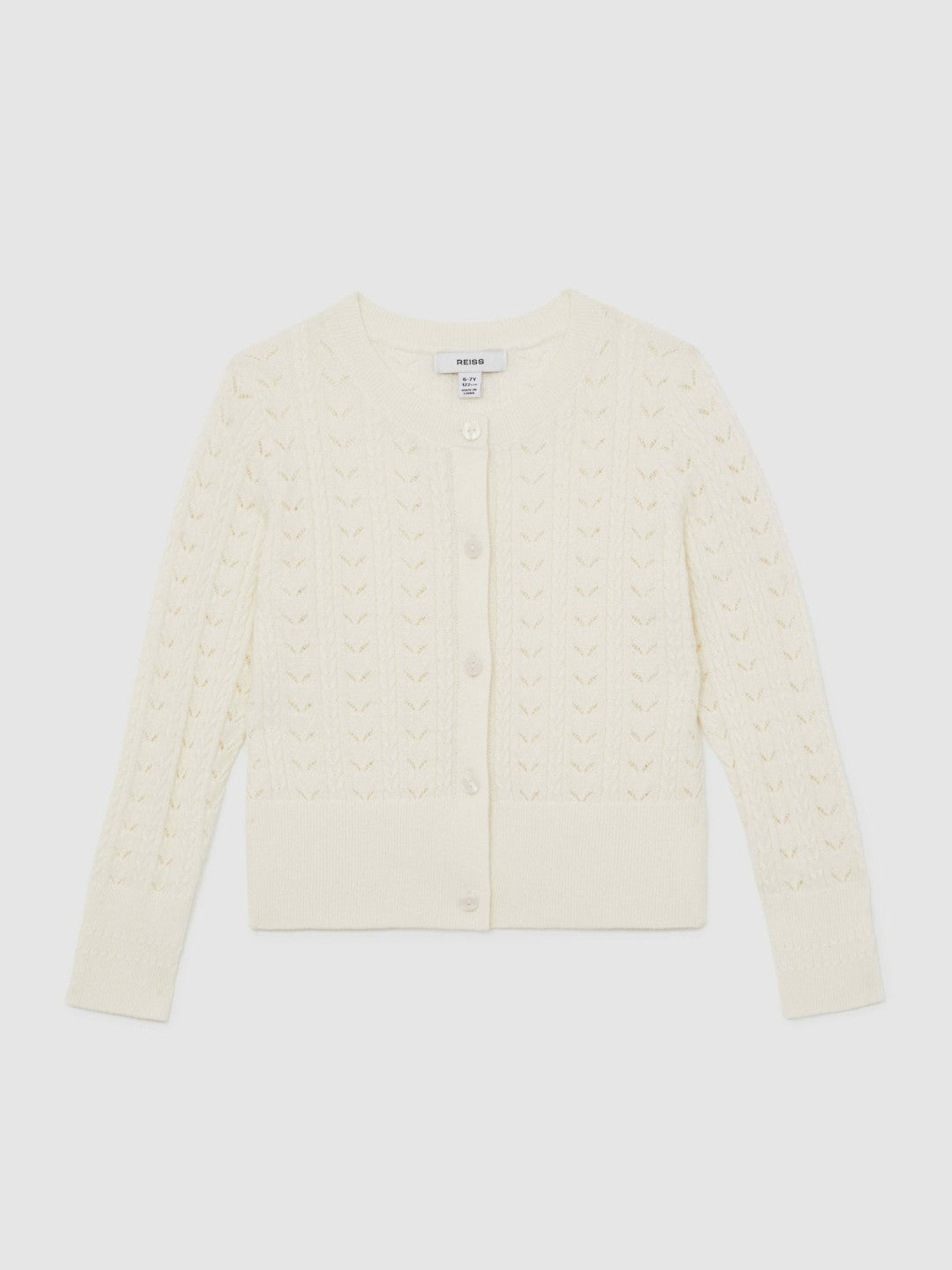 Reiss Wool-Cotton Pointelle Cardigan in Ivory