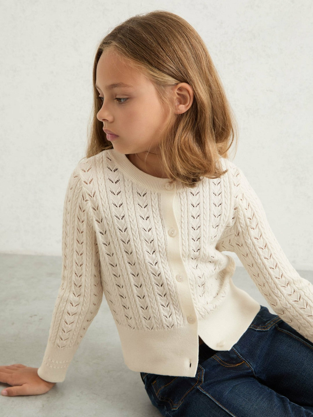 Reiss Wool-Cotton Pointelle Cardigan in Ivory