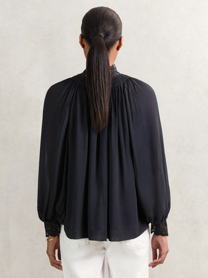 Reiss Lace-Trim Draped Chiffon Top in Navy