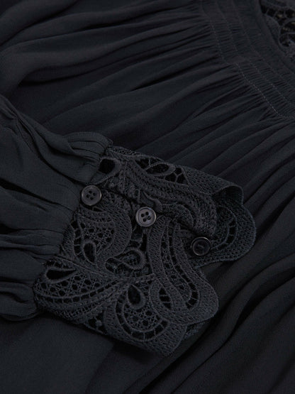 Reiss Lace-Trim Draped Chiffon Top in Navy