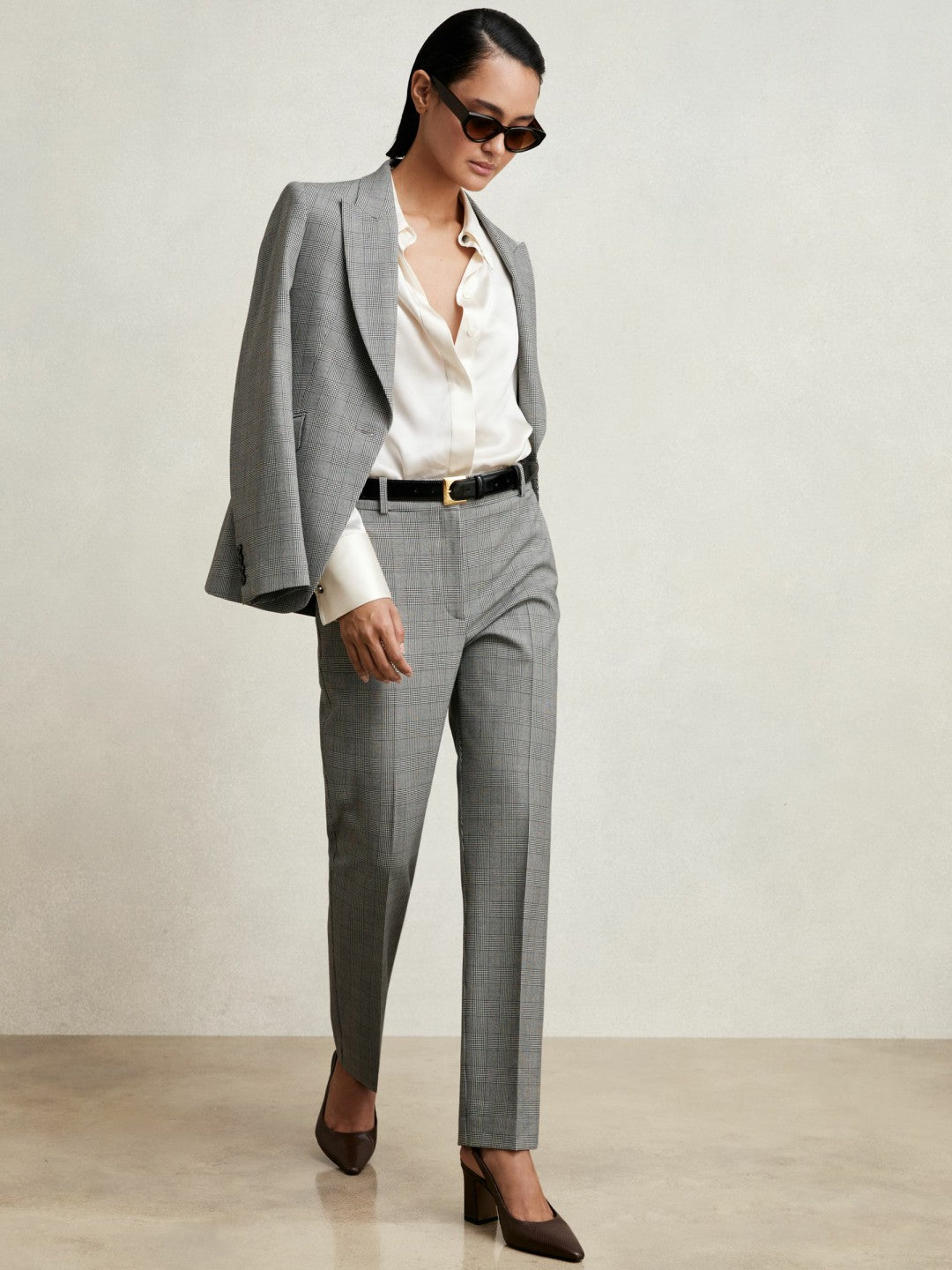 Reiss Petite Check Slim-Fit Suit Trousers in Grey