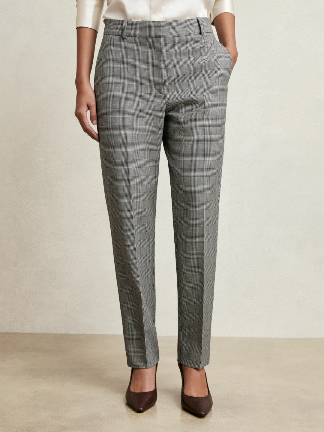 Reiss Petite Check Slim-Fit Suit Trousers in Grey