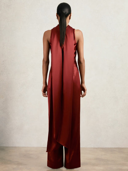 Reiss Petite Satin Cape-Sash Jumpsuit in Dark Red