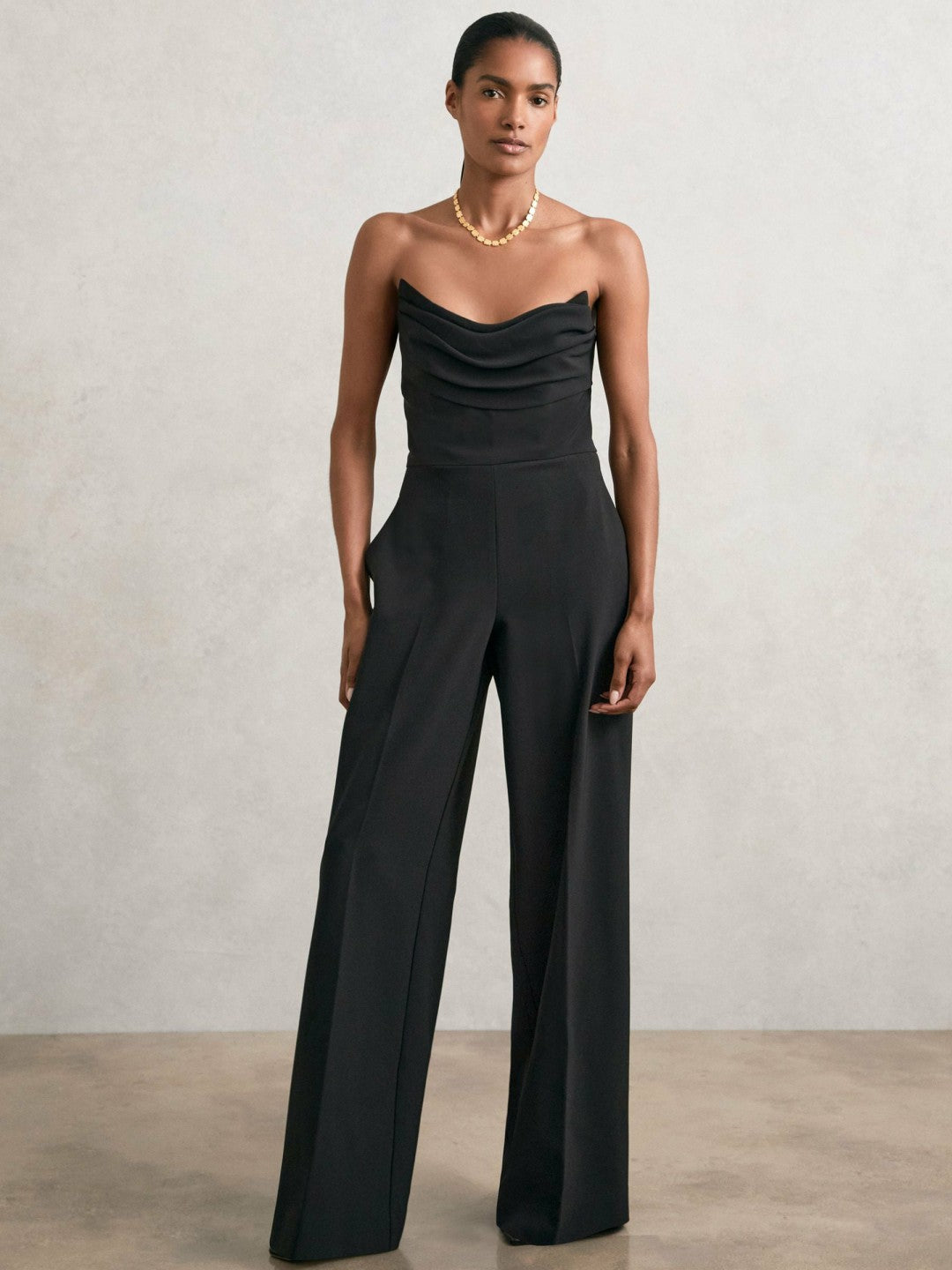 Reiss Structured Strapless Wide-Leg Jumpsuit in Black