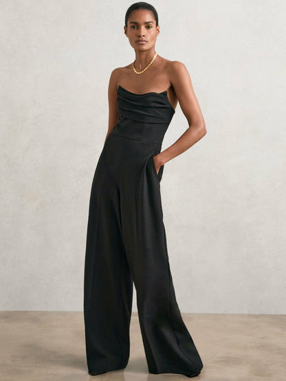 Reiss Structured Strapless Wide-Leg Jumpsuit in Black