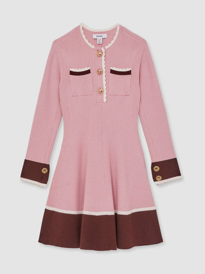 Reiss 9-13 yrs Scallop-Trim Rib-Knit Dress in Pink
