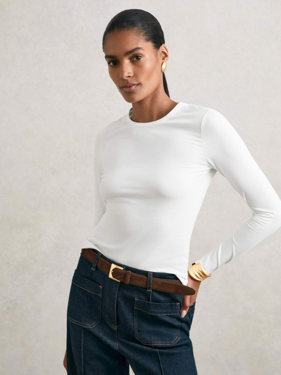 Reiss Cotton Crew-Neck Long-Sleeve T-Shirt With Stretch in White