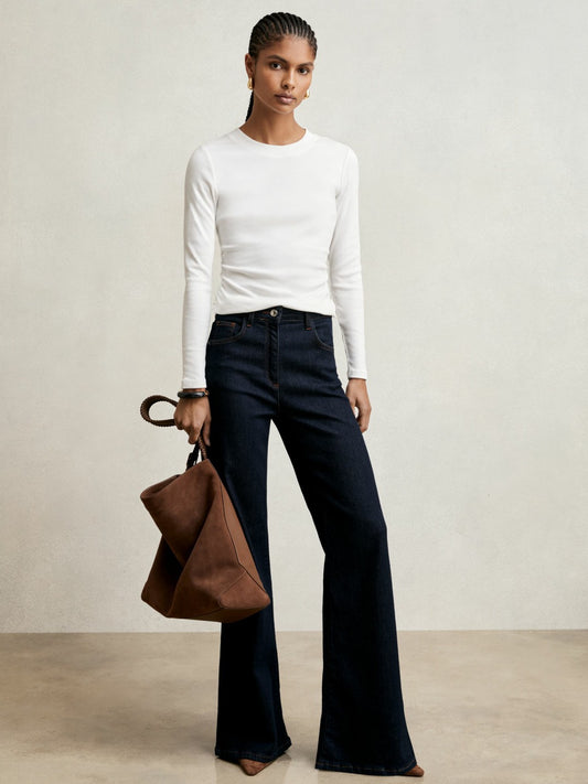 Reiss Cotton Long-Sleeve Ruched T-Shirt with Stretch in White