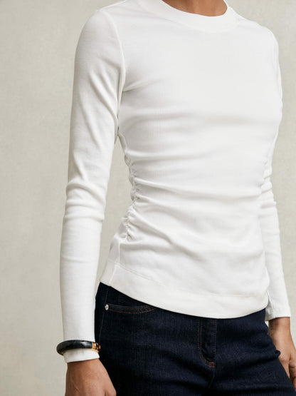 Reiss Cotton Long-Sleeve Ruched T-Shirt with Stretch in White